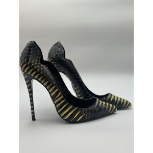 Lust for Life Black & Gold Croc Embossed Pointed Toe Heels – Statement Pumps